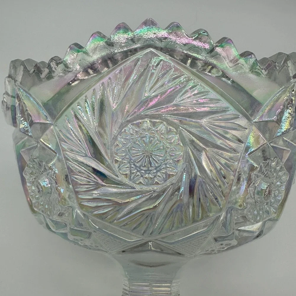 Vintage L.E. Smith Carnival Glass Footed Bowl Iridescent Pinwheel Star Pattern